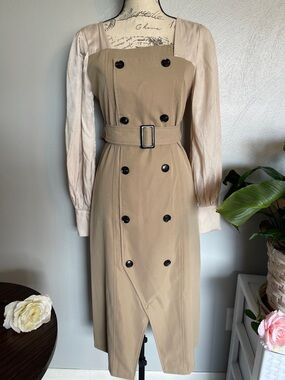 Dazy Beige Trench Dress Belted Midi Long Sleeve Button Front Size S